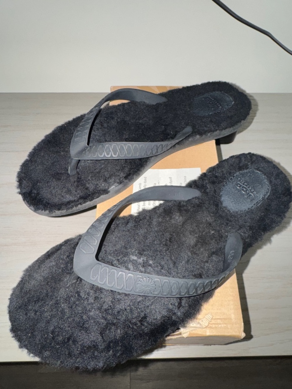 UGG Black Fuzzy Flip Flops